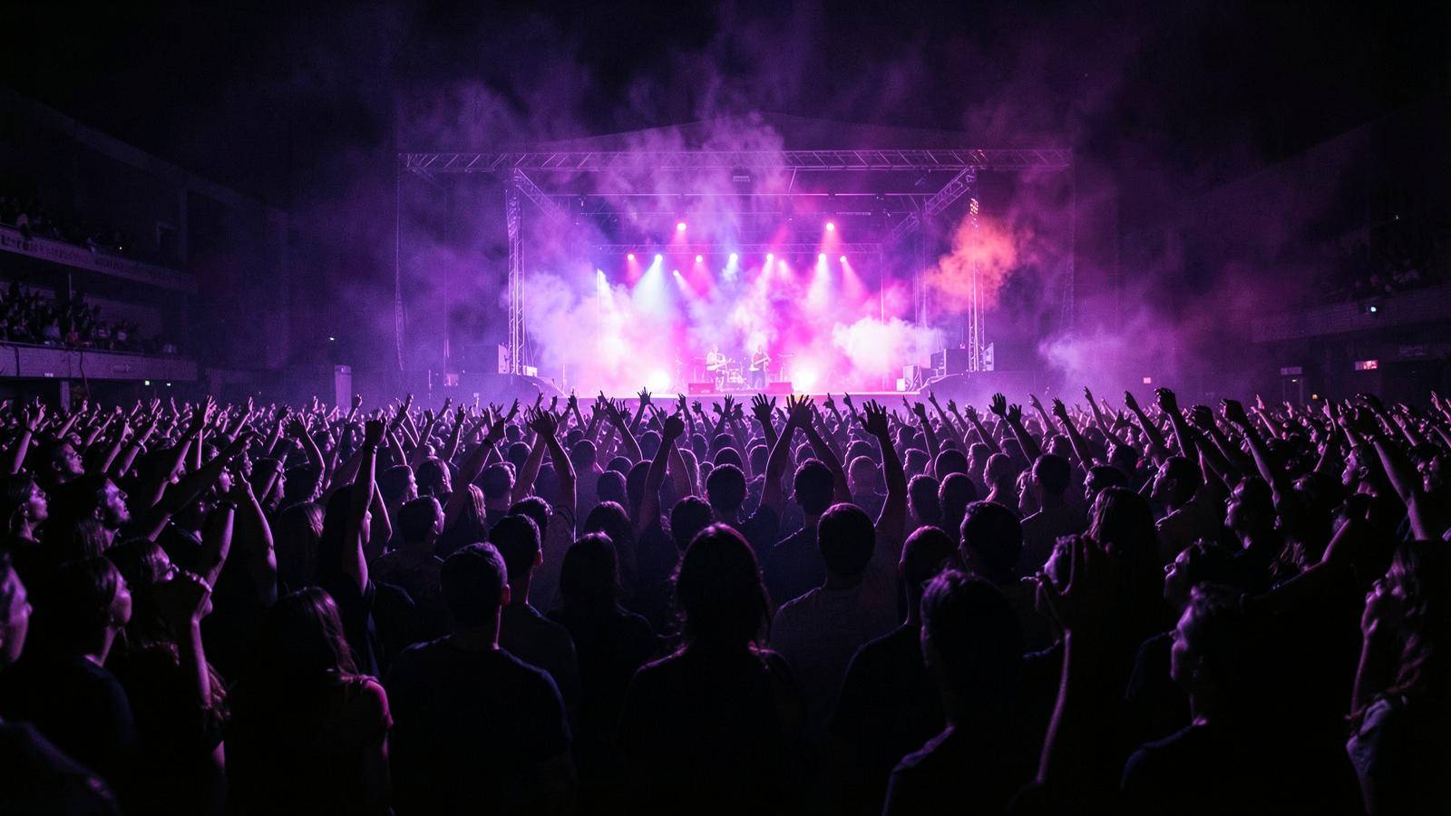Foule lors d'un concert éclairé de projecteurs violets